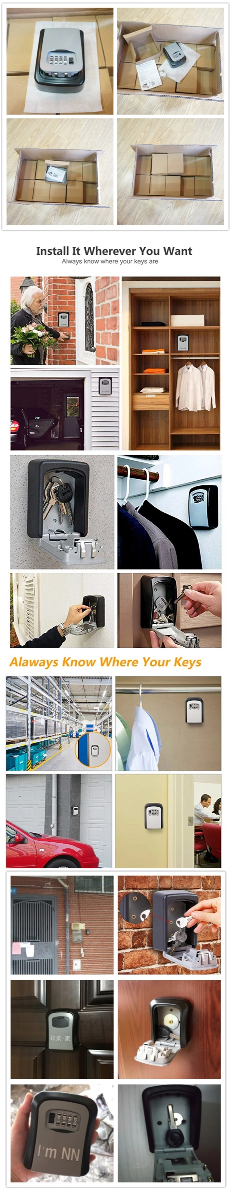 black grey orange blue red color colour Password Small Wall Mounted Storage Digit lock Key Safe Box