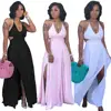 New Arrivals Fashion Women Elegant V-Neck Spaghetti Girdle Sleeveless Back Drawstring Front Split Solid Maxi Dress