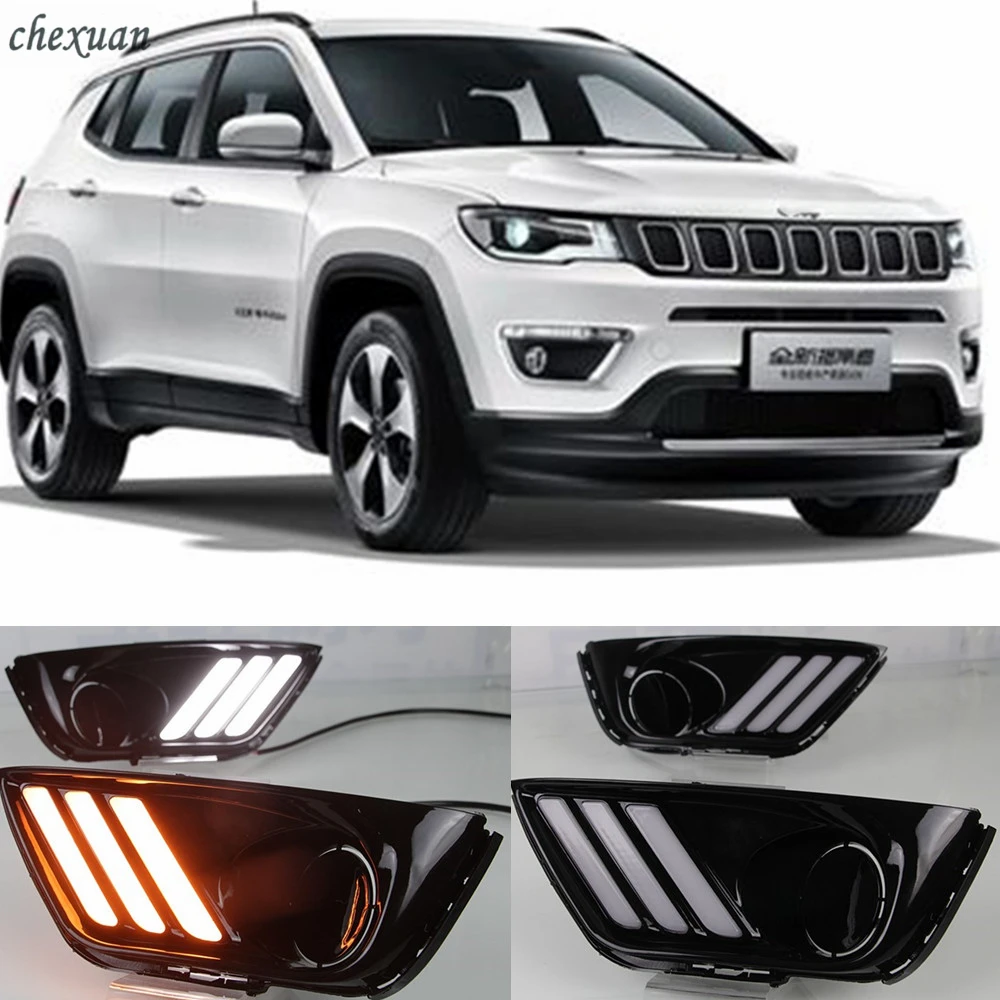 For Jeep Compass 2017 2018 2019 LED DRL Daytime Running Lights 12V Fog Lamp Cover With turnning yellow signal Lamp