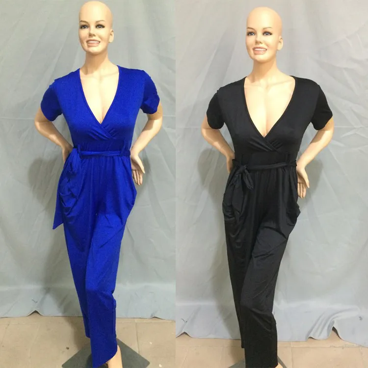 K2152 Wholesale Fashion V-Neck Short-Sleeved Solid Color Sexy Plus Size Jumpsuit Romper For Fat Women