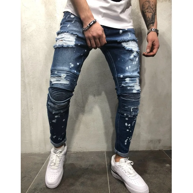 2020 New Men's Pants Ripped Skinny Slim Stretch Biker Jeans Pants With Holes Full Length Jeans B330