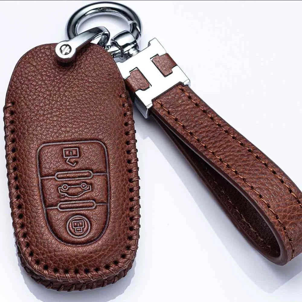 
Genuine leather key fob cover for all models car key protection case metal leather key chain for men and women gift key holder 