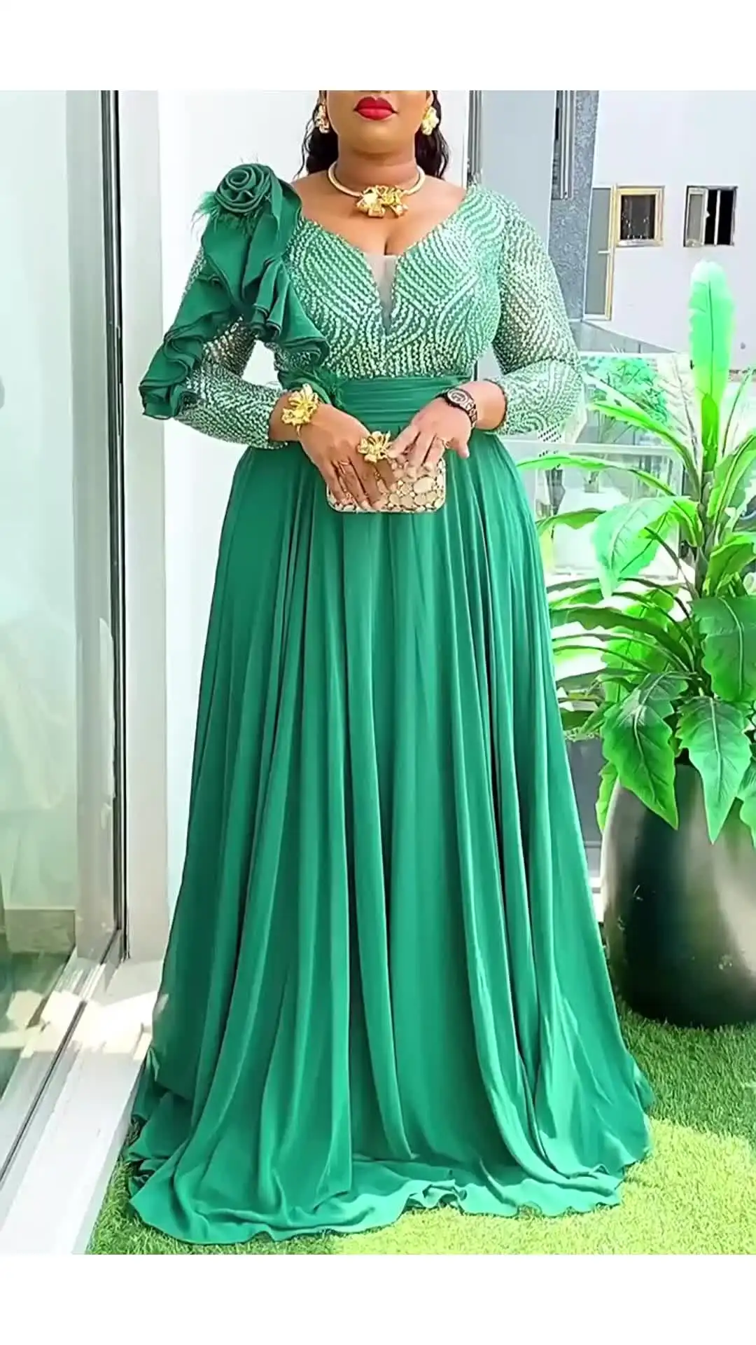 African Women's Plus Size Sequin Dress Long Chiffon 3D Flower Dresses Sehe  Fashion