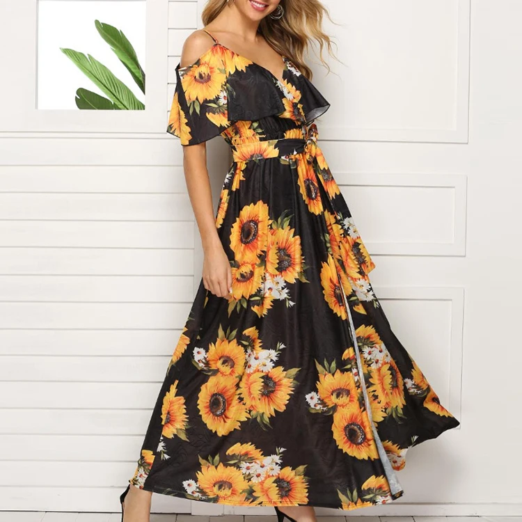 
Ropa de mujer New Arrival Spaghetti Strap Floral Print High Slit Sleeveless Holiday Women Dress vestido 