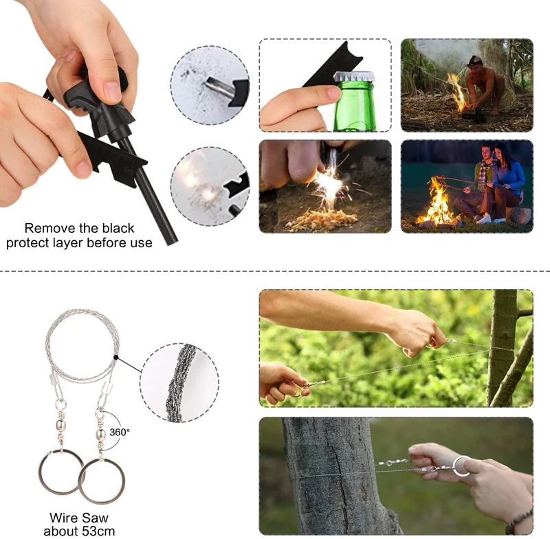 Popular 14 Pcs Survival Gear Gifts Wilderness SOS Tactical Outdoor Camping Travelling Adventure Fret Emergency Survival Kit