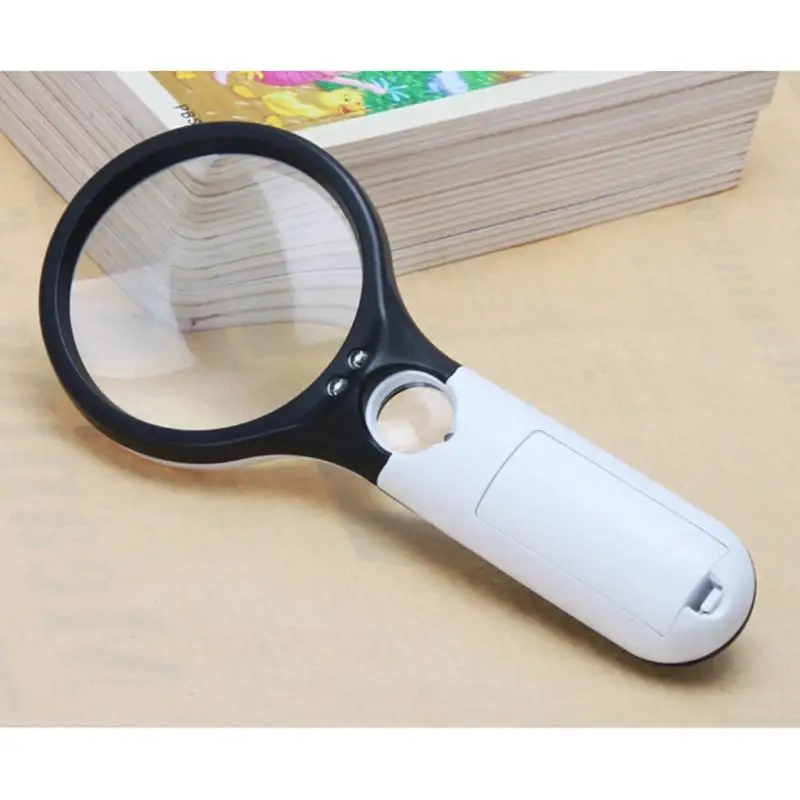 Handheld 45X Magnifying Reading Glass Lens Jewelry Loupe With3 LED Light@F
