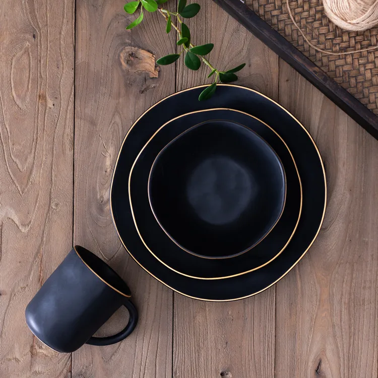 elegant matte black porcelain kitchen plates set dinner luxury dinnerware sets with golden rim  .jpg