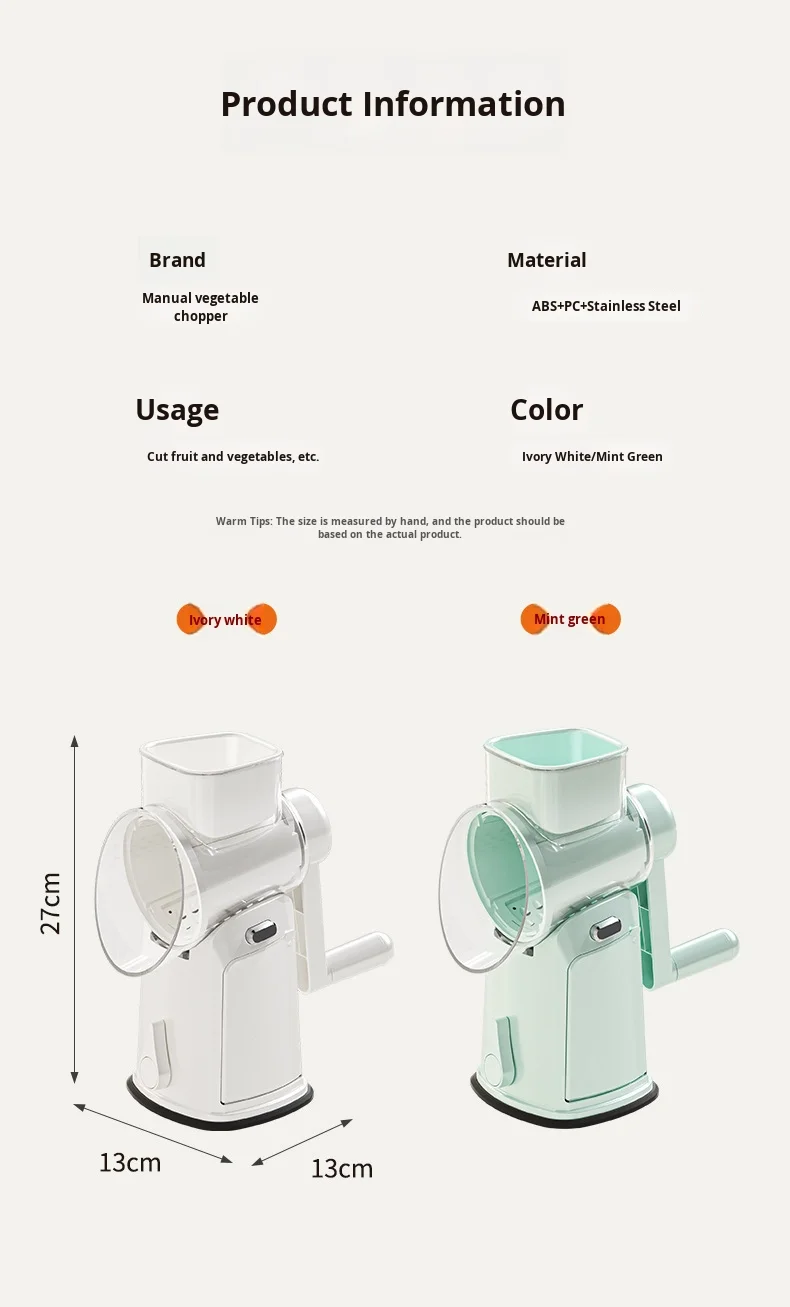Multifunctional PP Drum Vegetable Slicer Hand-Cranked Fruit/Vegetable Tool with Multiple Blade Heads Safe Usage