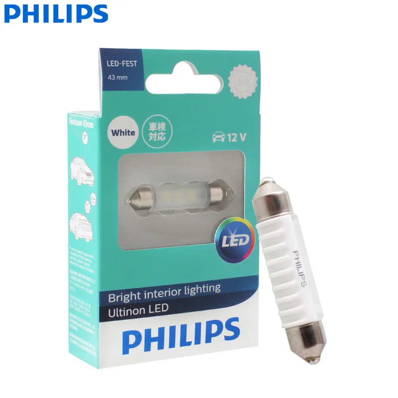 Philips Ultinon LED Fest 43mm 12V 11864ULWX1 Festoon 6000K Cool White LED Turn Signal Interior Light License Plate Lamp (Single)