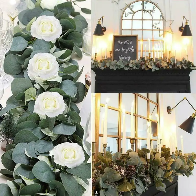 Artificial Eucalyptus Garland Leaves Handmade Vine Wreath Greenery Rose