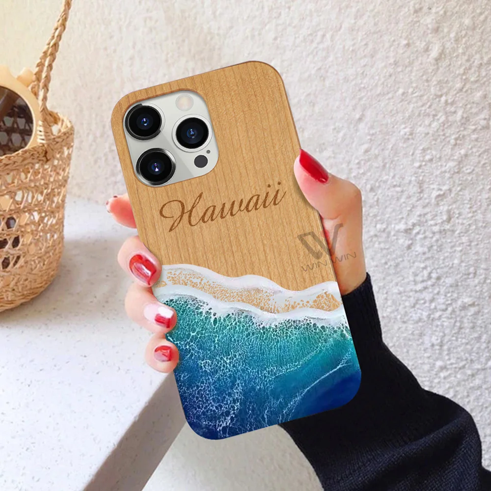 Newest Hawaii Seawave Resin Phone Case Turtle Aloha Wooden Custom Cases for  iPhone 16 16Pro