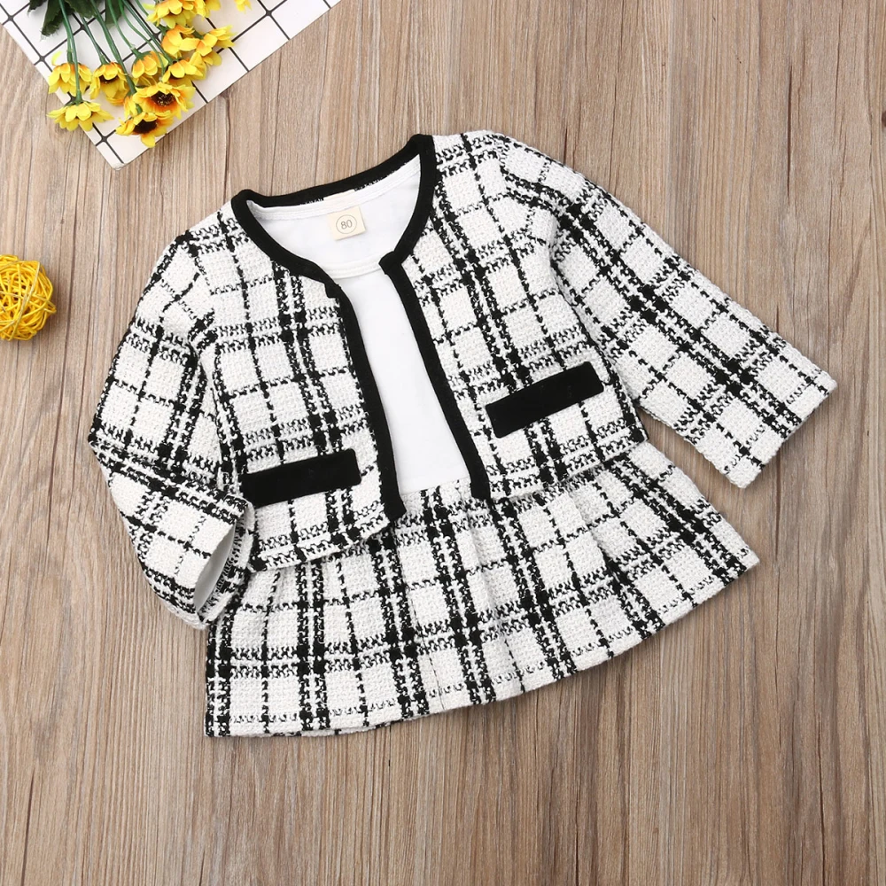 Autumn Winter Party Kids Clothes For Baby Girl Fashion Pageant Plaid Coat Tutu Dress Outfits Suit Toddler Girl Clothing Set