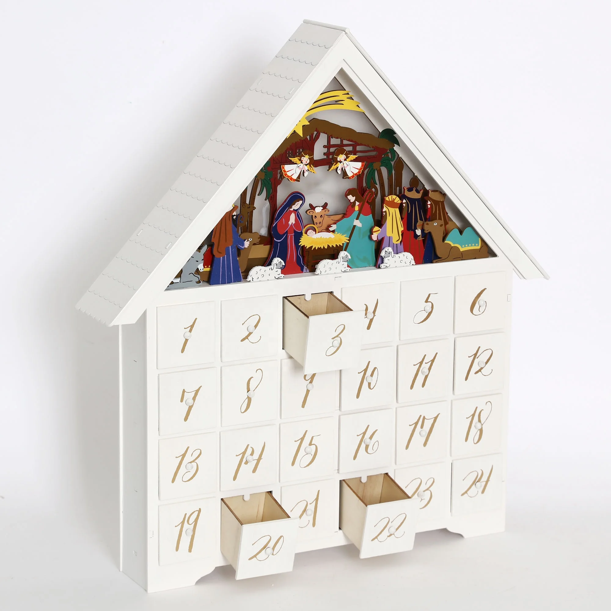 Christmas Wooden Advent Calendar Nativity Scene Large House With 24