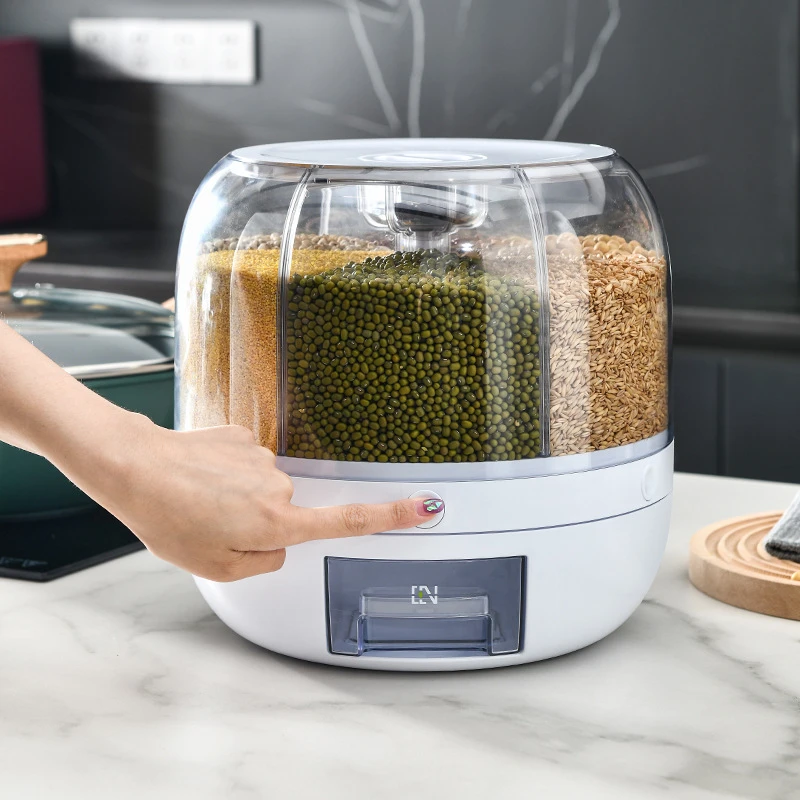 Thickened Kitchen Plastic Cereal Storage Container Rotating 6-Compartment Grain Dispenser Barrel for Dry Food Rice Beans details