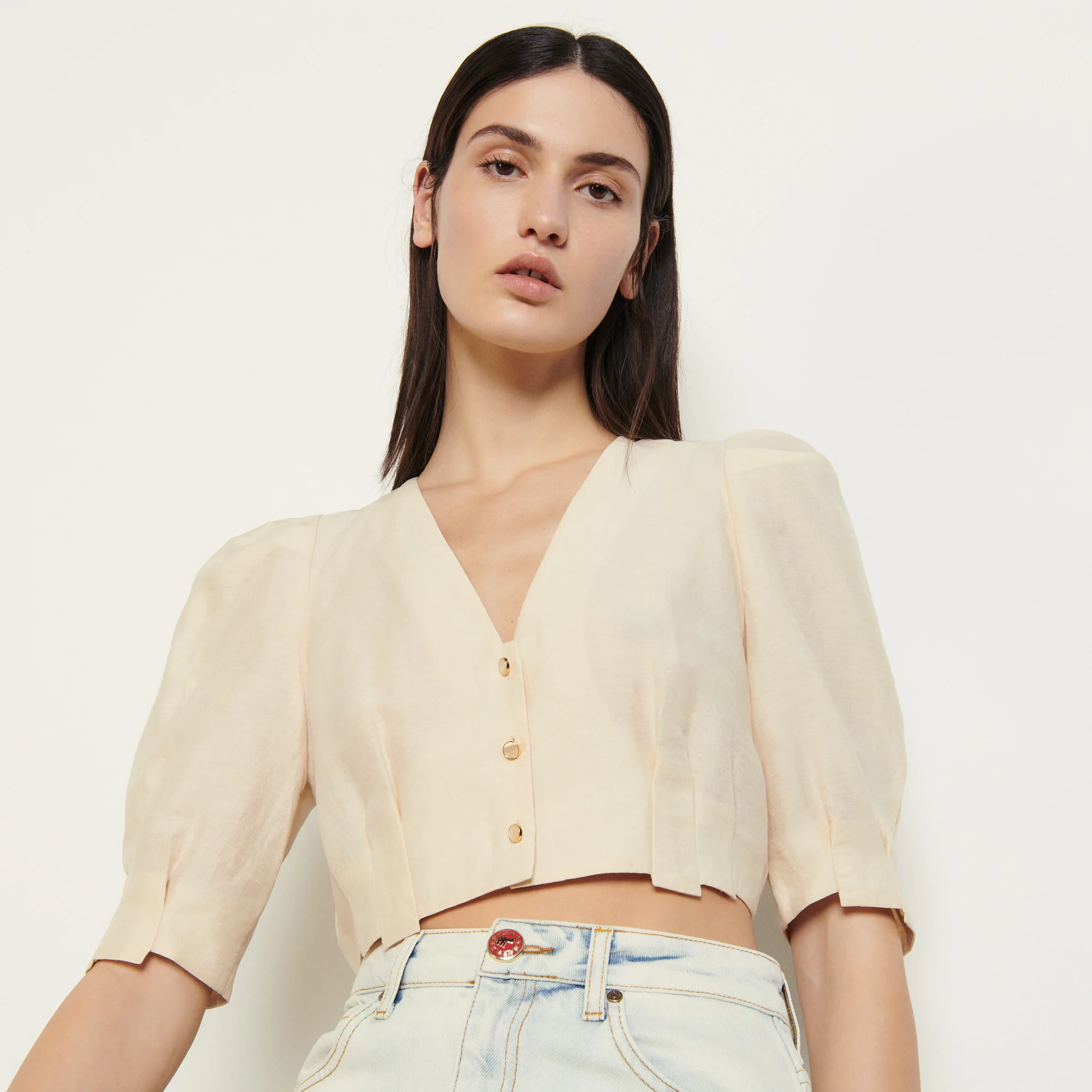 Short Sleeves Women Cotton Linen Crop Tops And Blouse With Front