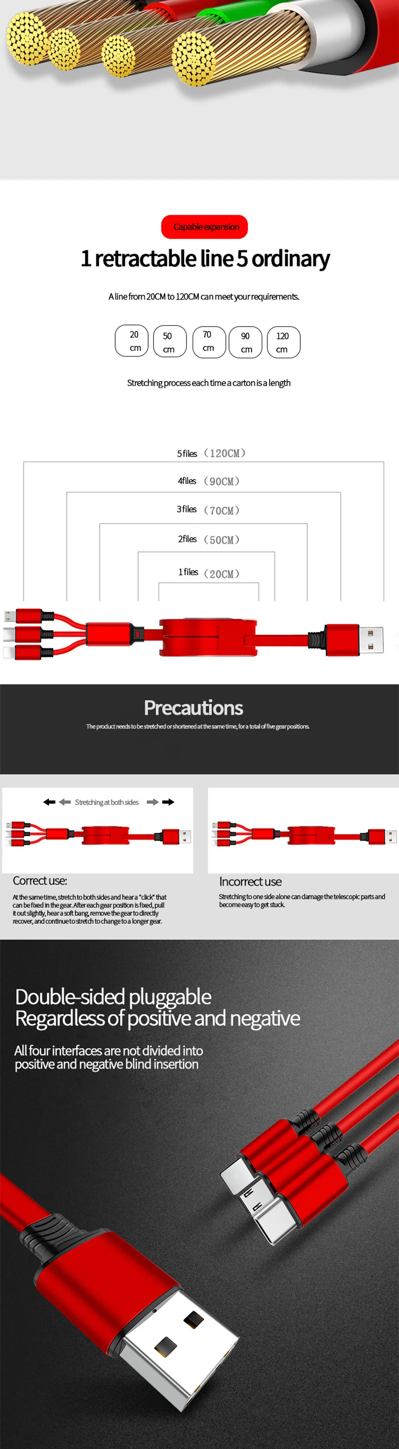 Eonline 2.5A 120cm 3 In 1 USB Charge Cable for Phone USB & USB C Cable Retractable Portable Charging Cable For X 8 Samsung S9