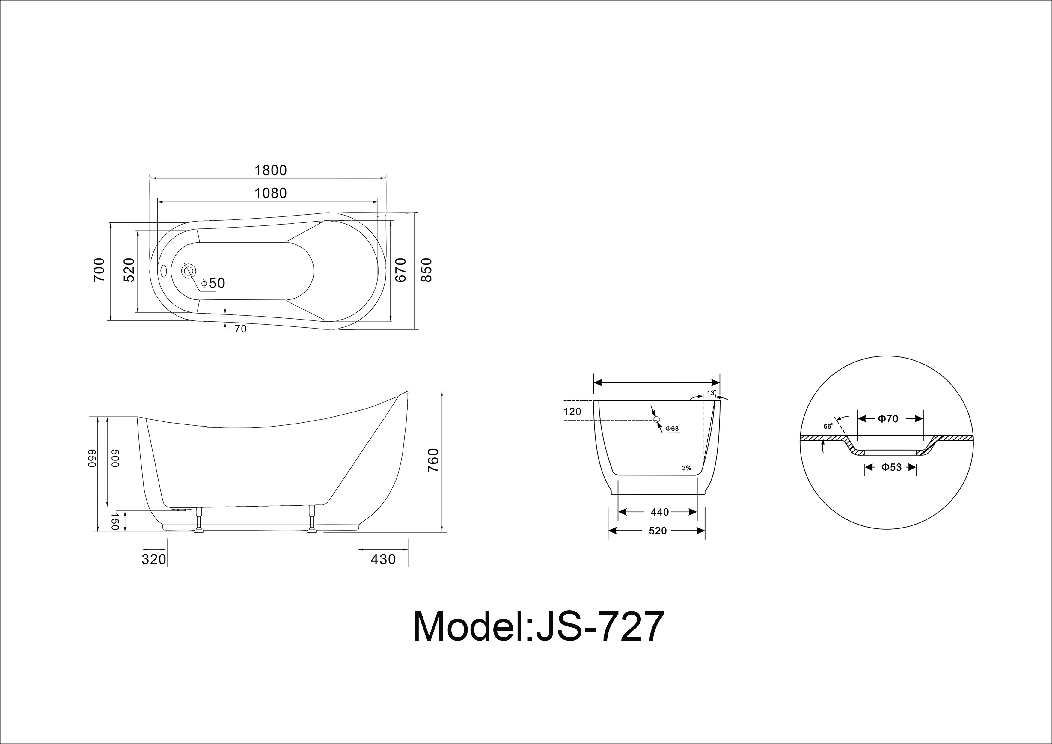 耐用的浴缸新设计纯黑色浴缸 "黑珍珠" js-727