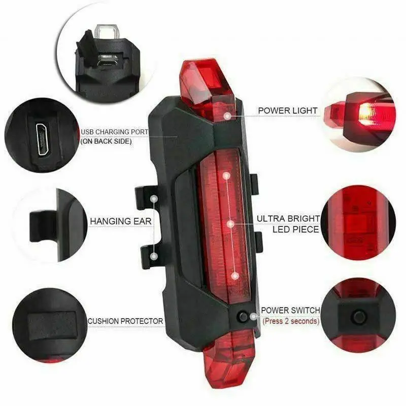 5 LED USB Rechargeable Bike Bicycle Tail Warning Light Rear Safety Flash Lamp 