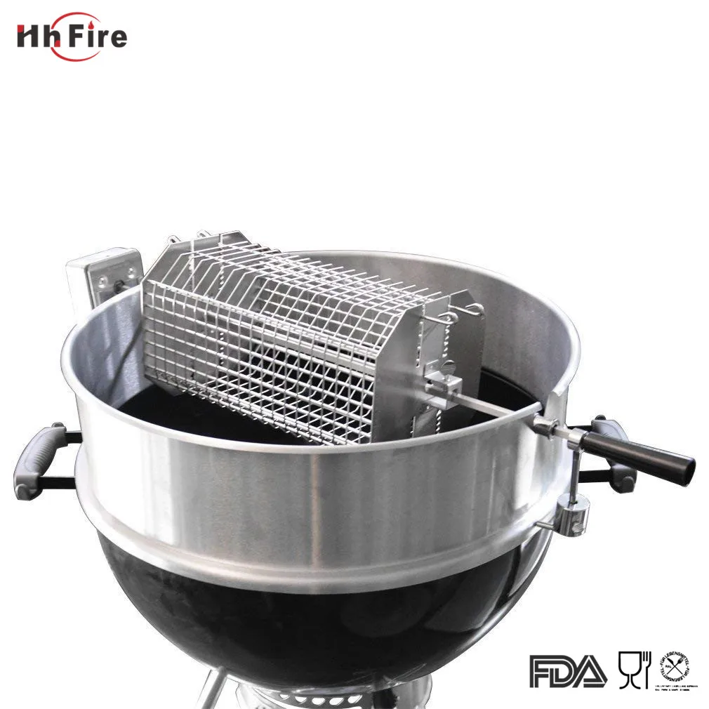 Bbq Grill Rotisserie Spit Rod Basket Stainless Steel Roast Cage Coffee