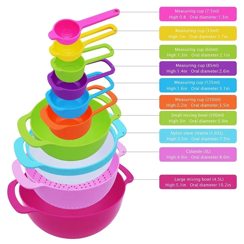 10 In 1bpafree Plastic Colorful Nesting Bowls Measuring Bowls Set For
