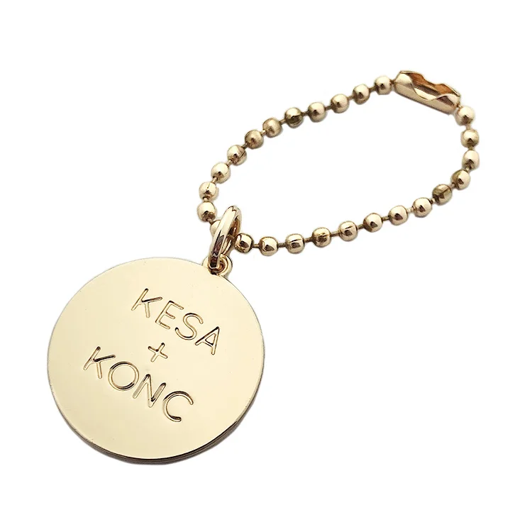 Bag hardware custom engraved metal alphabet logo label with ball chain for handbags