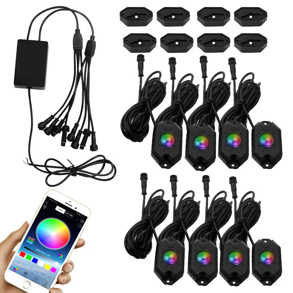 4 pods, 8 pods Bluetooth Control 24W 4x4 offroad rgb rock lamp off road truck RGB led rock lights for Jeep Wrangler jk