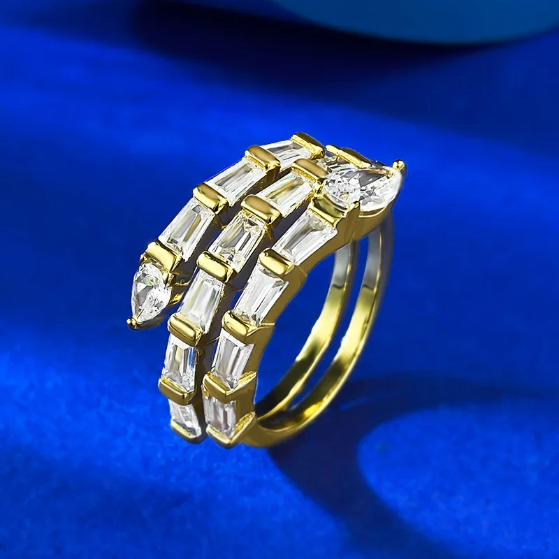 S925 Silver Snake-Shape Ring with Lab Diamond and Pearl Gold Plated Religious Trendy Jewelry for Women for Engagement