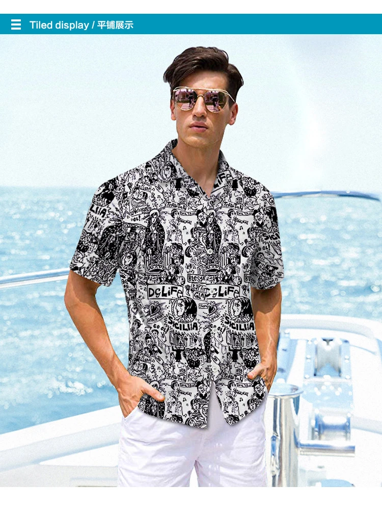 时尚短袖男士夏威夷印花夏季沙滩衫男士