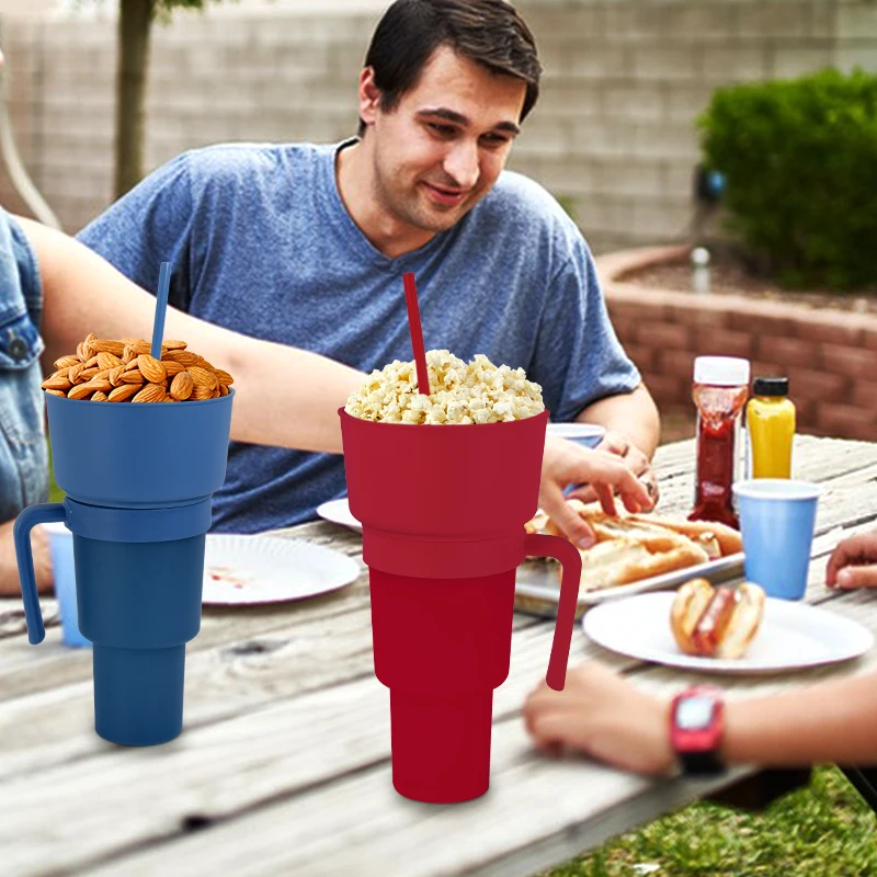 2-in-1 Snackbecher Mit Strohhalm - Auslaufsicherer Popcorn & Getränke Becher Für Stadion
