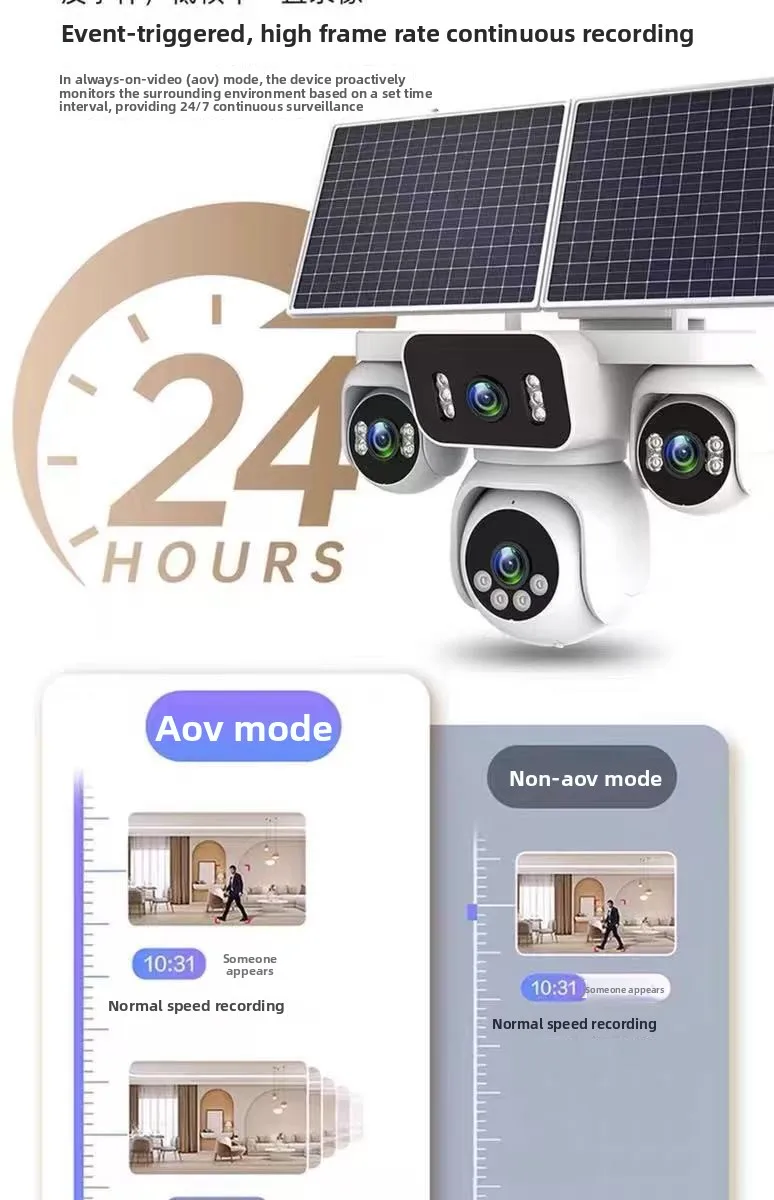 太阳能AOV四视图室外无流4g摄像头360度CMOS传感器云存储手机远程监控