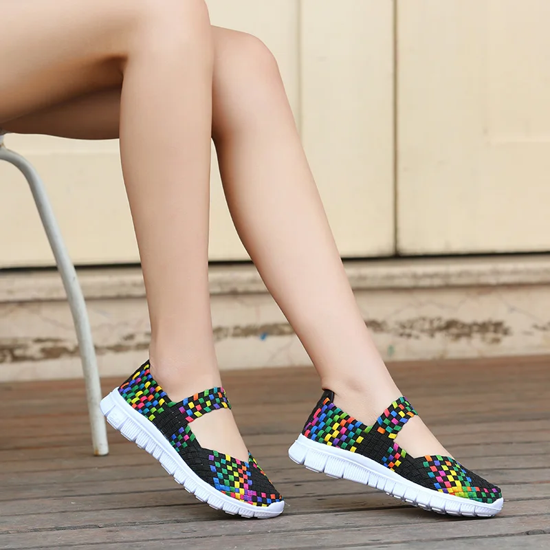 Light Woven Mesh Sneaker Breathable Summer Flat Elastic Upper Handmade Women Woven Elastic Shoes 0621