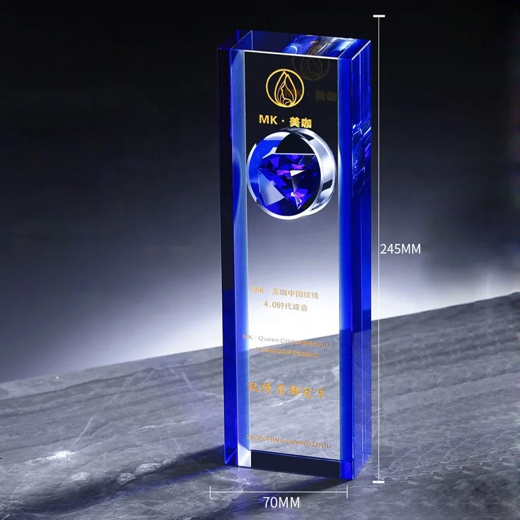 Blue Diamond Crystal Trophy Custom Event Competition Outstanding Employee Honor Crystal Medal Souvenir