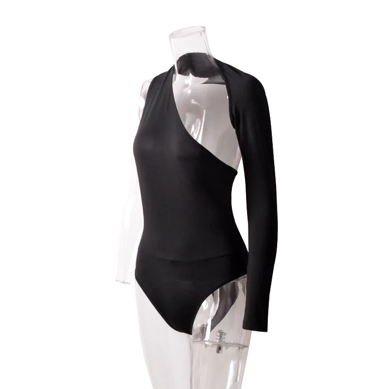 Female Sexy One Shoulder Long Sleeve Black Bodysuit For Women Fashion