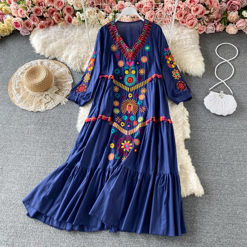 Wholesale Summer Seaside Vacation Beach Dress Bohemian Loose Travel Shoot Ethnic Style Embroidered V-neck Casual Dresses Wholesale Summer Seaside Vacation Beach Dress Bohemian Loose Travel Shoot Ethnic Style Embroidered V-neck Casual Dresses