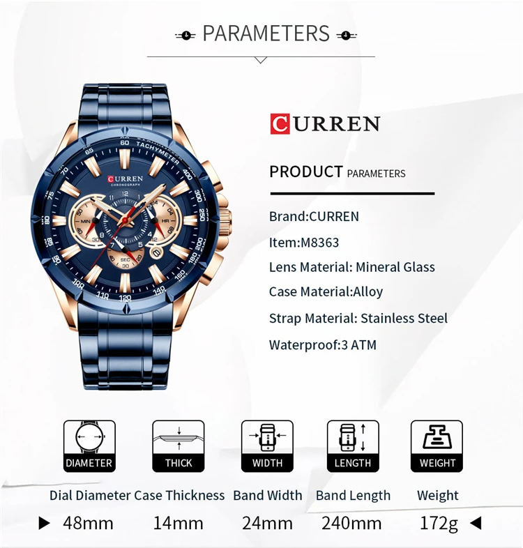 CURREN 8363 Fashion Men Watches With Stainless Steel Top Brand Luxury Sports Chronograph Quartz Watch Men Relogio Masculino
