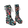 LM5019 winter plant pattern boots women's wedges with thick bottom front with metal buckles decorative fashion boots