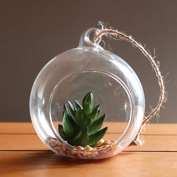 Hanging Indoor Artificial Succulent Plant Round Glass Globe Terrarium Ball For Home Decoration