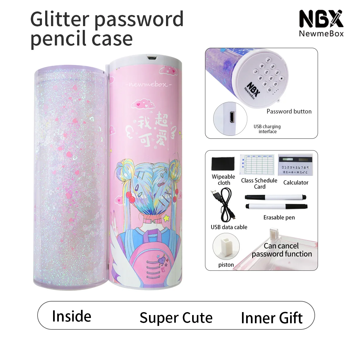Newmebox Glitter Quicksand Password Pencil Box School Plastic Large