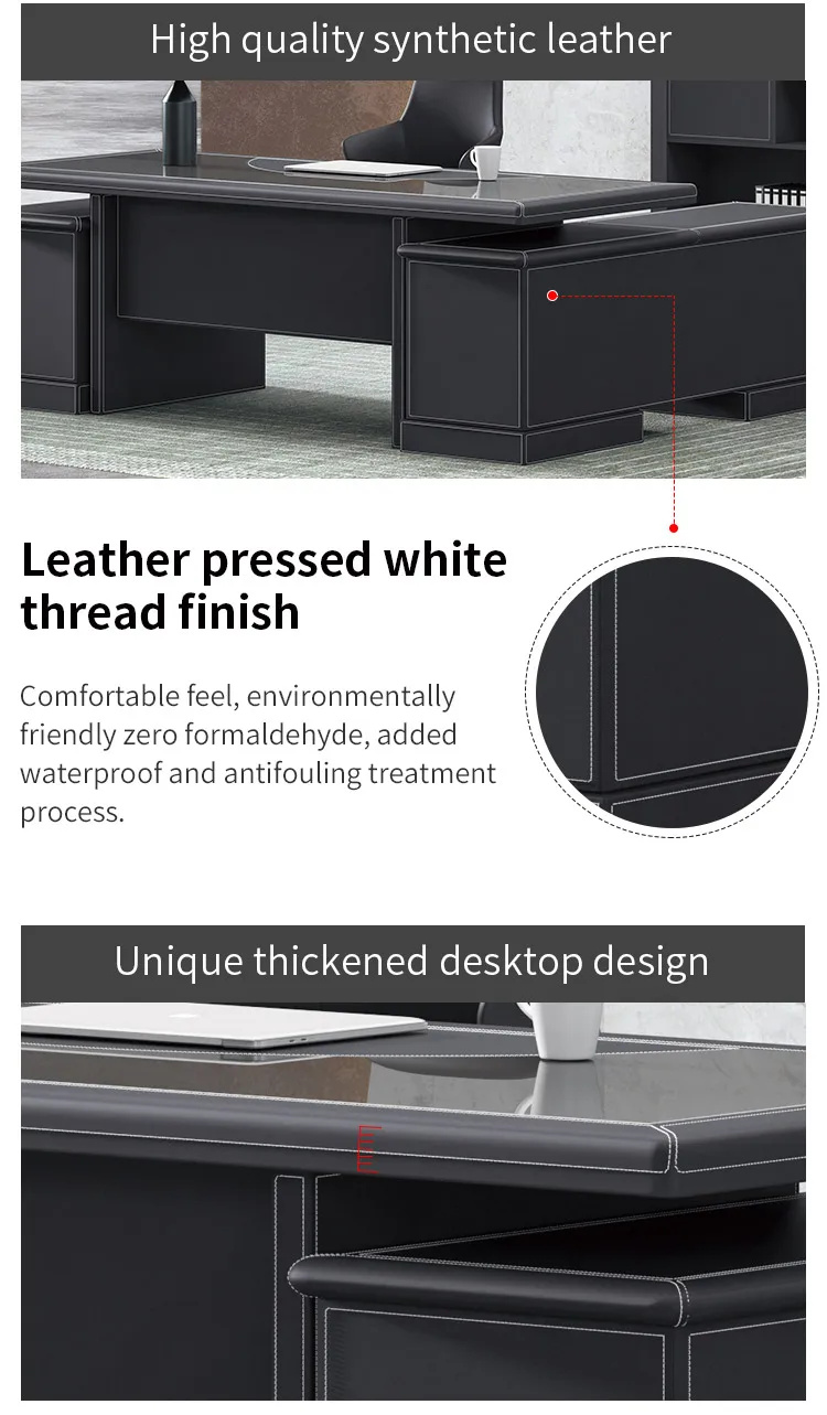 Pengpai Black Brand New Boss Table Office Desk Design With Side Cabinet