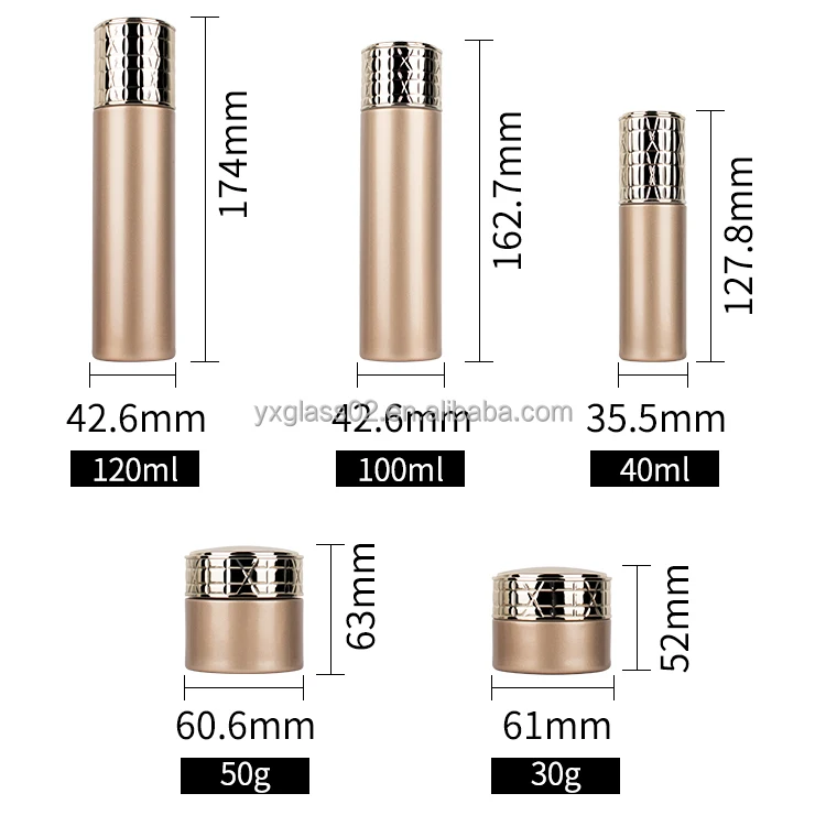 Luxury cosmetics packaging glass bottle 120ml 100ml 40ml with pump 50g 30g with gold special design lid supplier