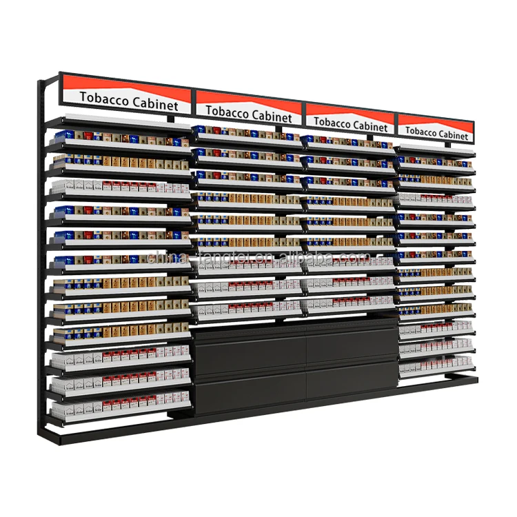 tobacco display Customized Metallic Cigarette Display Stand Rustproof Retail Tobacco Shop  Display Rack with Shelves
