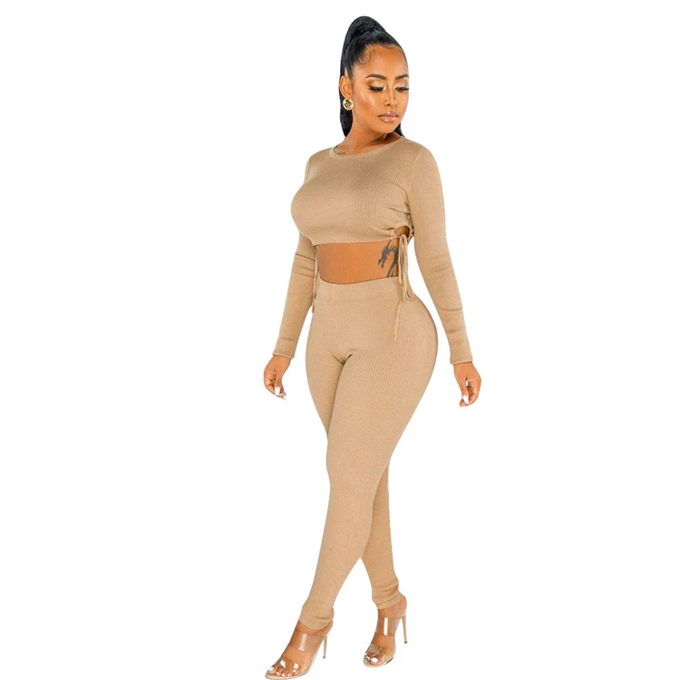 Hot Sale Bodycon Knit Drawstring Stretchy Pants Crop Top 2 Piece Set Women Two Piece Set Women Clothing