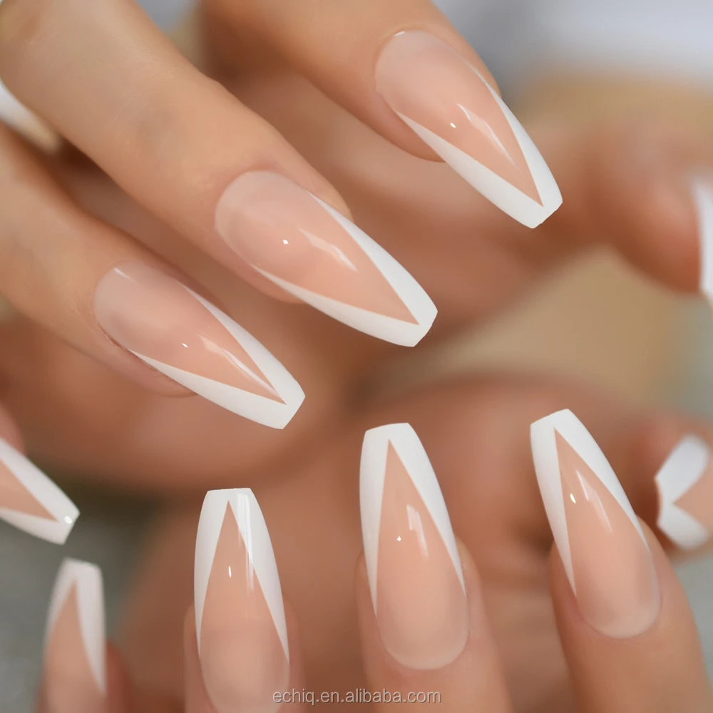 法式指甲白色v字形长棺材按压指甲超长v芭蕾舞演员假 24 pc指甲套装l