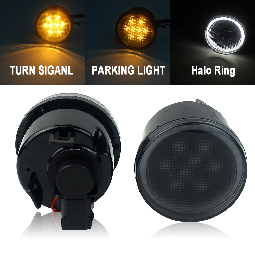 Pair Amber LED Turn Signal Light White Halo Ring Smoke Lens Front Grill Fit For Jeep Wrangler JK 2007-2017