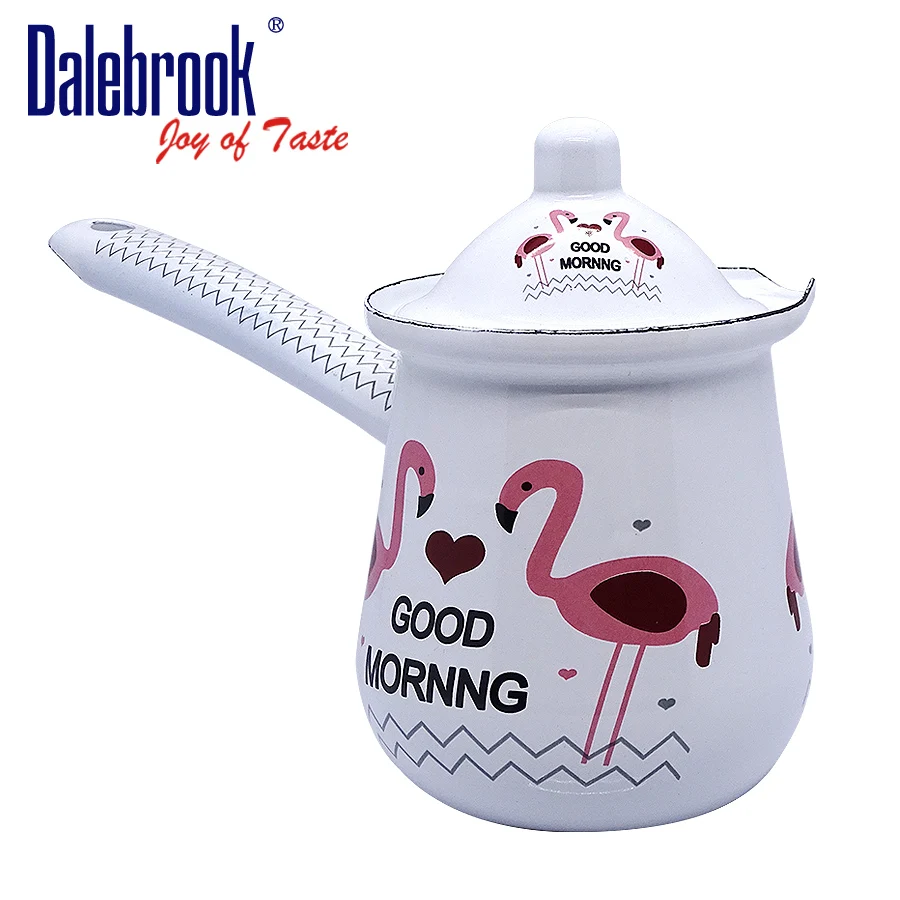 Dalebrook New Flamingo Turkish Coffee Pot  Arabic Greek Cezve Ibrik Enamel Ceramic Coffee Mug Warmer Tea Milk Pot Set