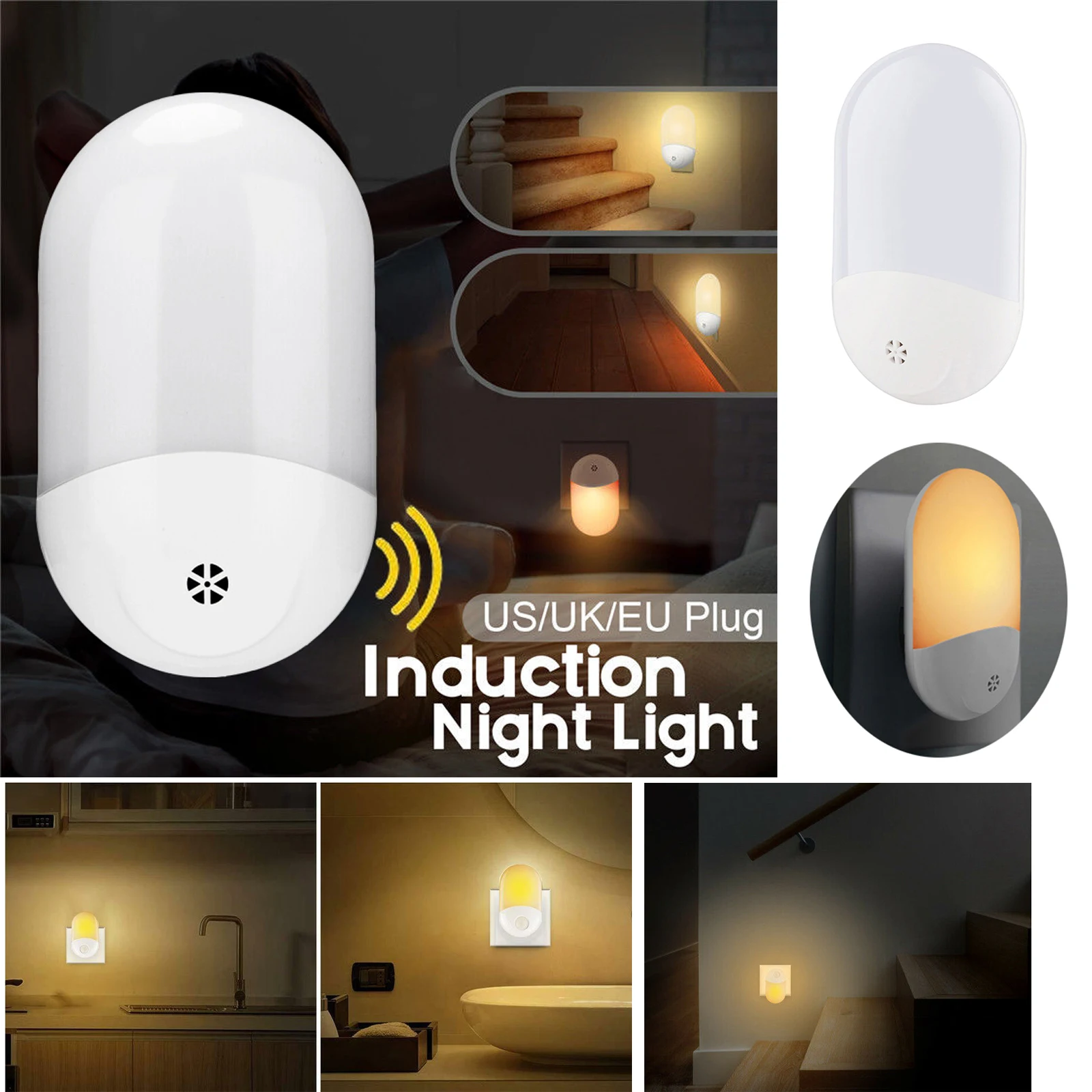 Automatic LED Induction Sensor Night Light Wall Plug In  Dusk to Dawn Light Warm White For Kid's Bedroom Kitchen US Plug