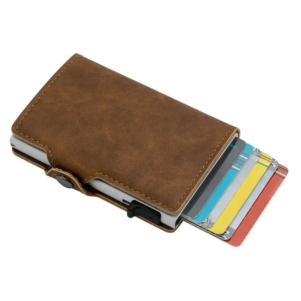 Side Push Button Mens Rfid Blocking Leather Wallet Credit Card Holder