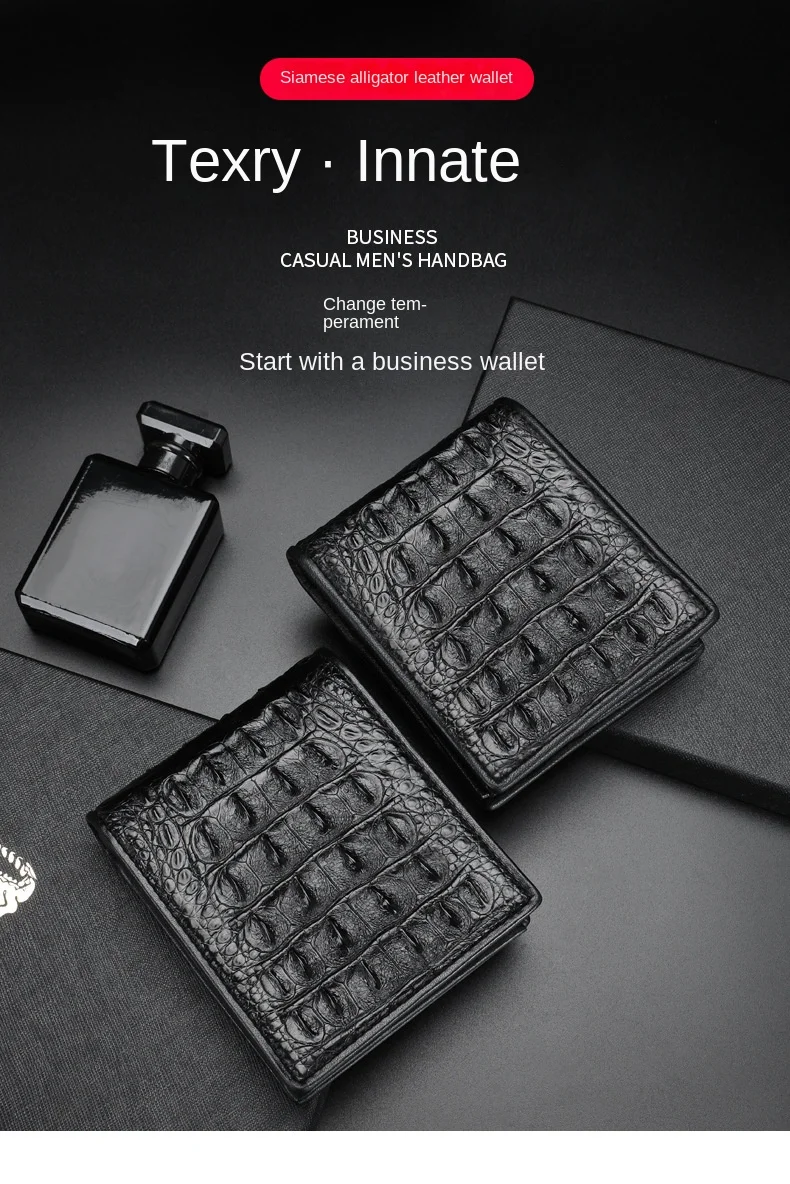 Men's Genuine Leather Bifold Wallet Vintage Crocodile Back Bone Clamp Anti-Theft Card Holders Coin Purse Business Casual Use