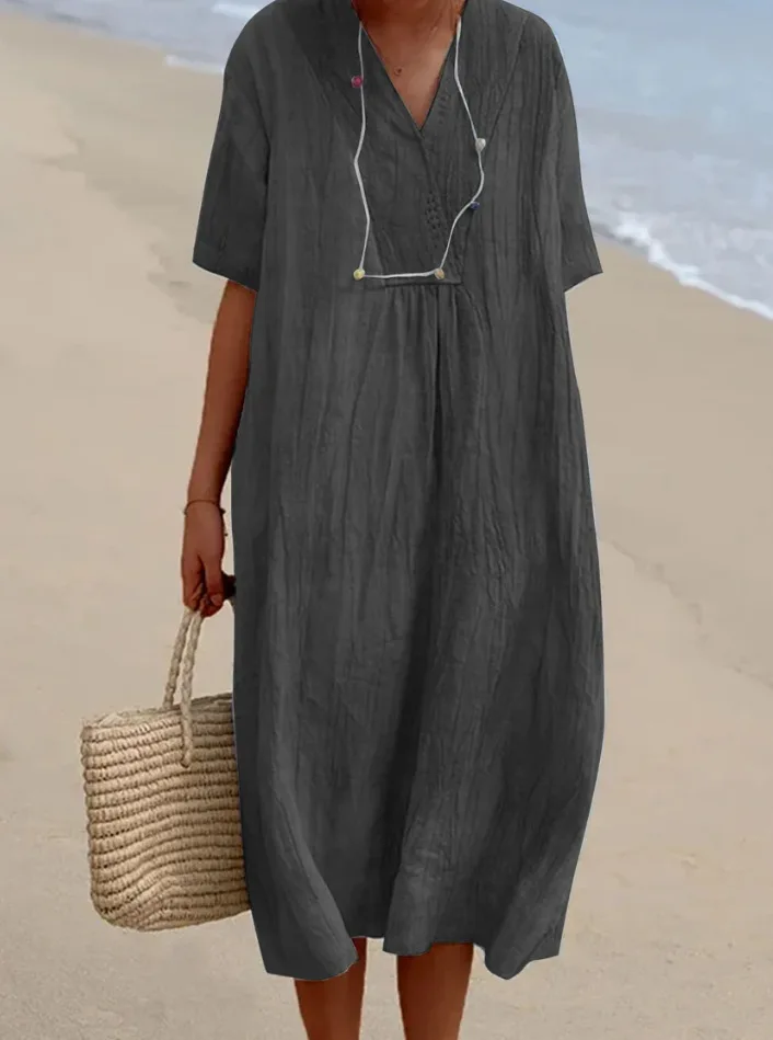 In Stock 2025 Spring Summer New Women's Fashion Versatile Hot-Selling Casual Slimming Dress Solid Color Cotton Linen