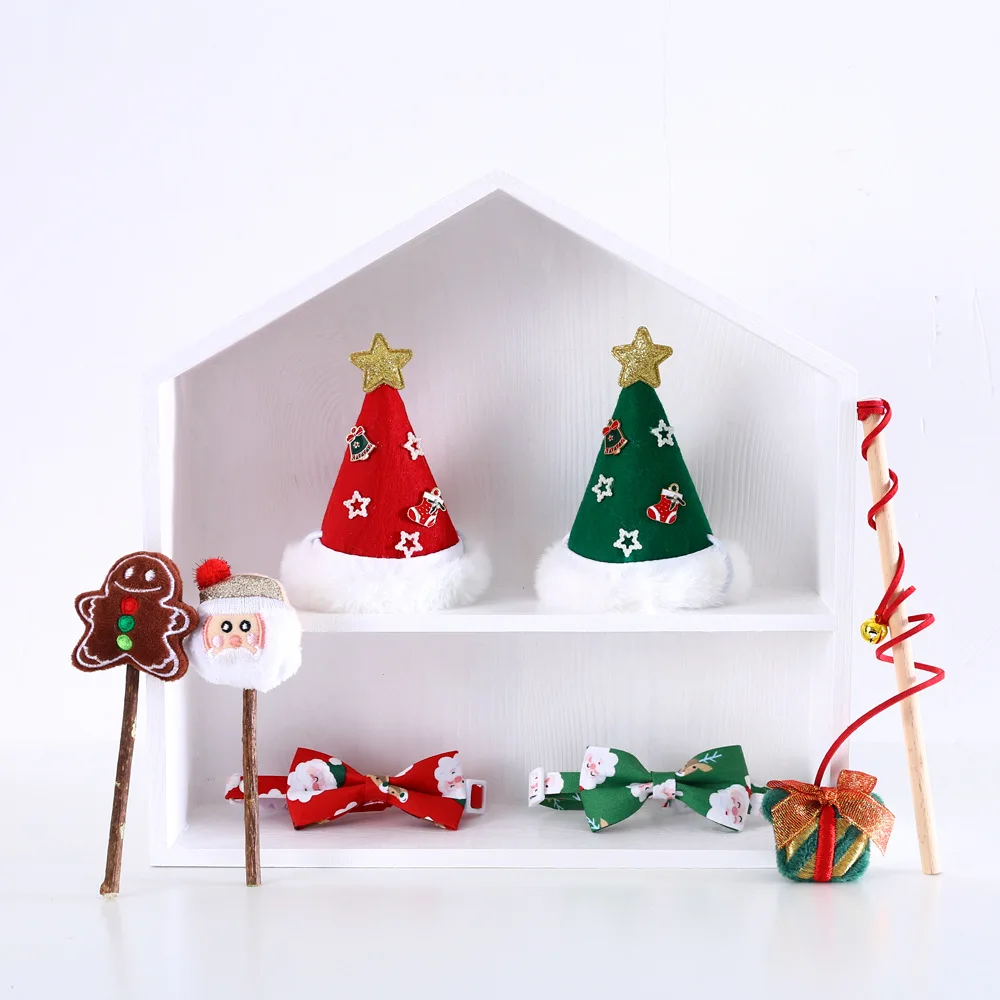 Interactive Eco-Friendly Cat Chew Toy Set Santa Claus Tree Hat Bow Tie Collar Teaser Wand Plush Christmas Pet Toy